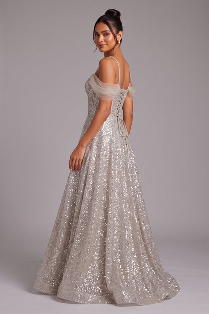 champagne sequined tulle A-line evening gown champagne, silver sequined tulle evening gown - product view 2