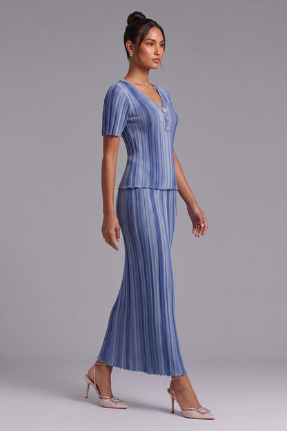 Light Blue Ribbed Knit Two-Piece Set with Gradient Stripes light blue, medium blue, denim blue ribbed knit two-piece set - product view 3
