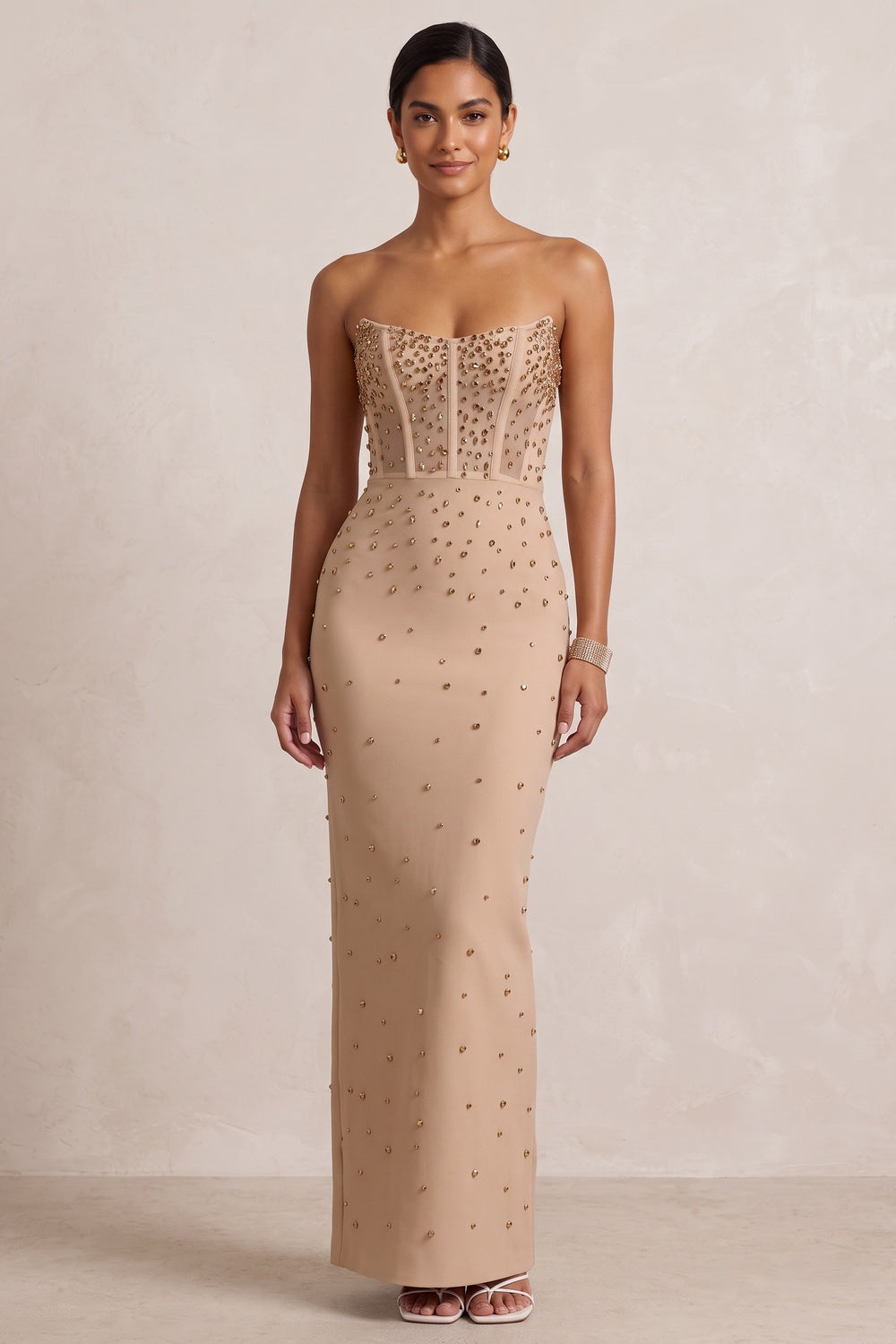 Beige Strapless Studded Maxi Gown Premium Fabric - product view 4