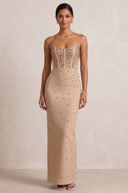Beige Strapless Studded Maxi Gown Premium Fabric - product view 4