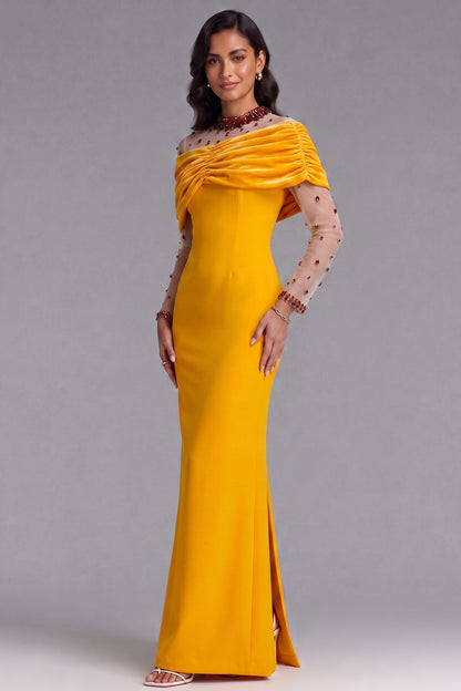 Yellow Velvet Off-Shoulder Beaded Evening Gown Premium Fabric - product view 5