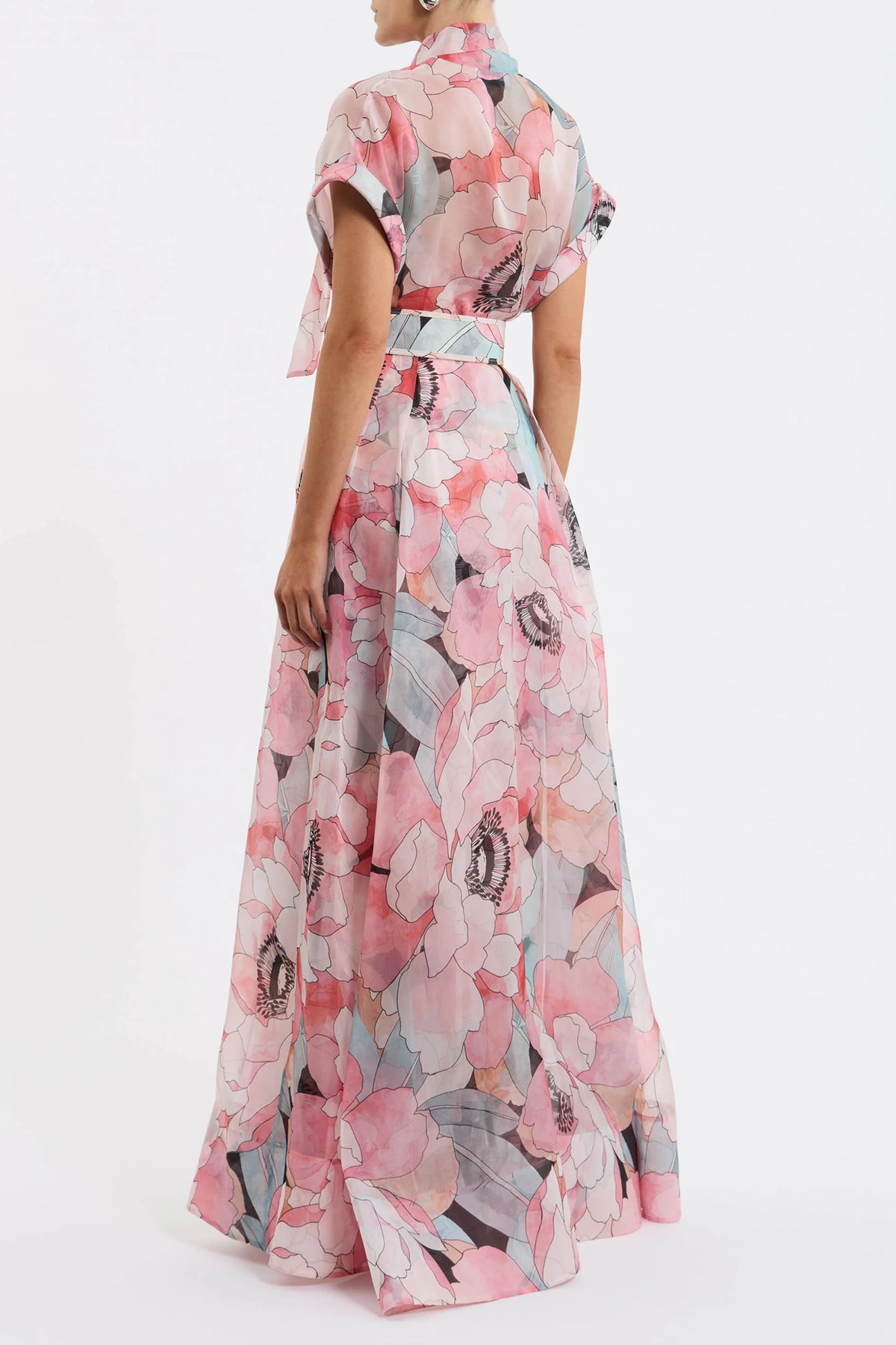 floral print silk organza maxi dress in pink-multi