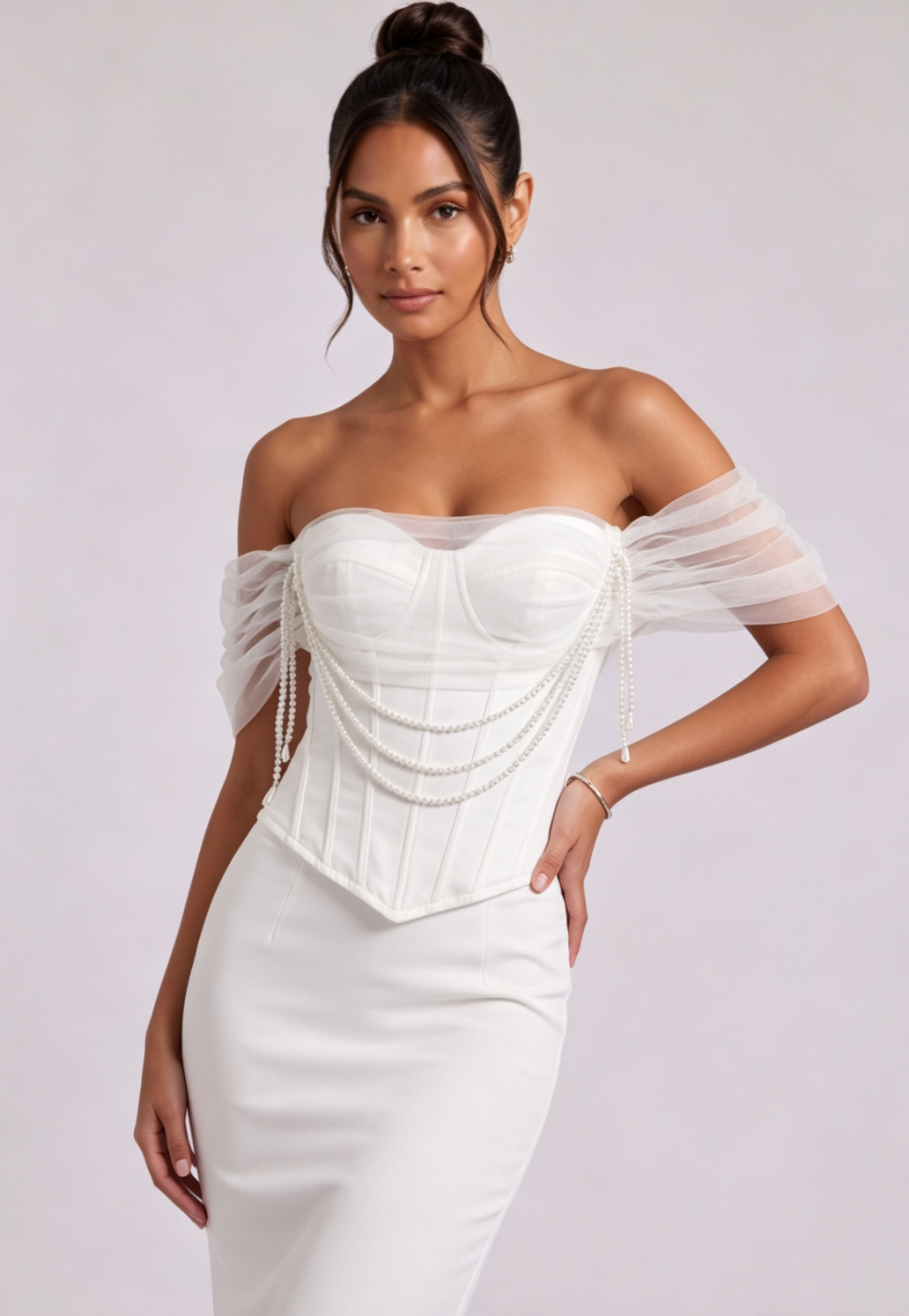 White Structured Satin Corset Top with Pearl-Embellished Off-Shoulder Sleeves