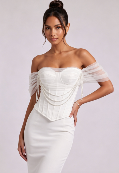 White Structured Satin Corset Top with Pearl-Embellished Off-Shoulder Sleeves