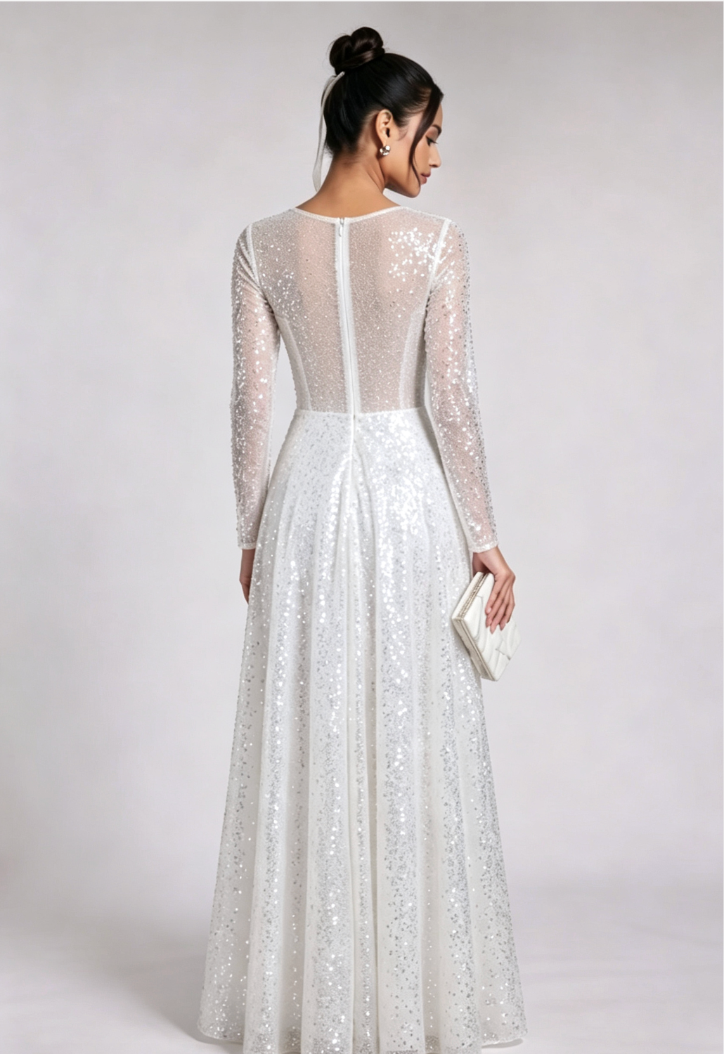 white sequined tulle A-line gown