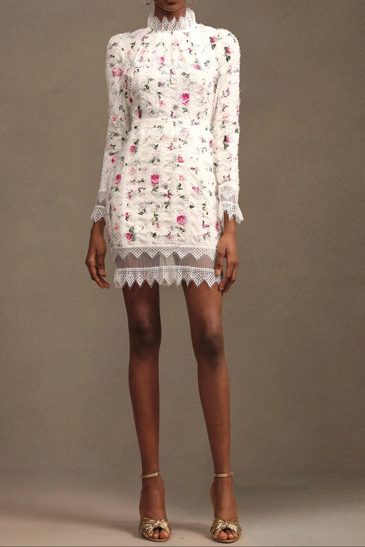 sebastiane Lace-trim long-sleeve floral midi dress in white