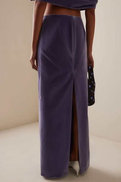 purple Asymmetrical cropped top velvet skirt two-piece set