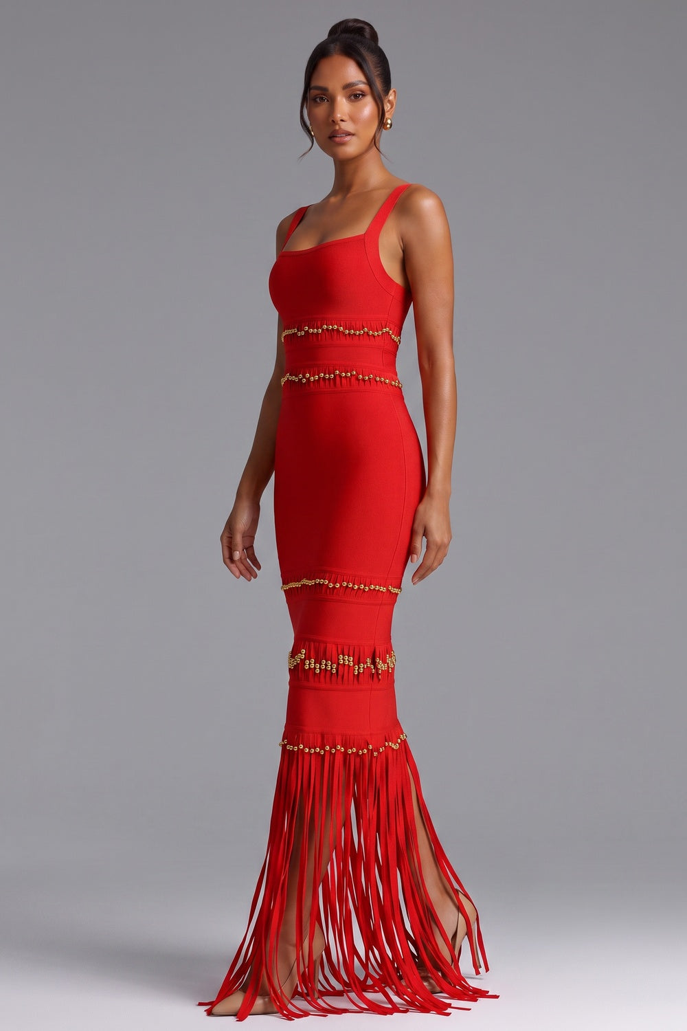 Red Fringe Maxi Dress with Gold Bead Detailing Premium Fabric - product view 5