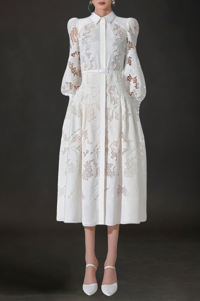 WHITE LACE EMBROIDERED FULL HEM MIDI DRESS
