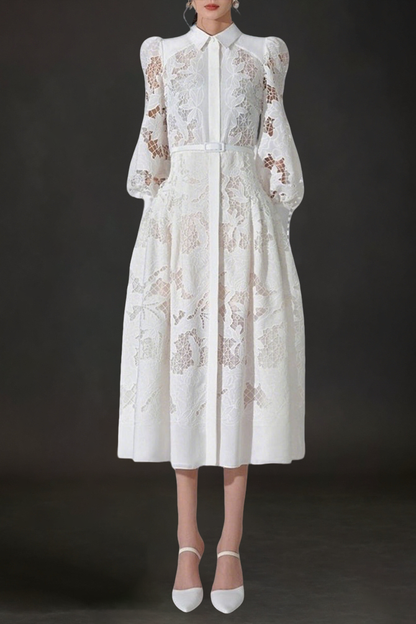 WHITE LACE EMBROIDERED FULL HEM MIDI DRESS