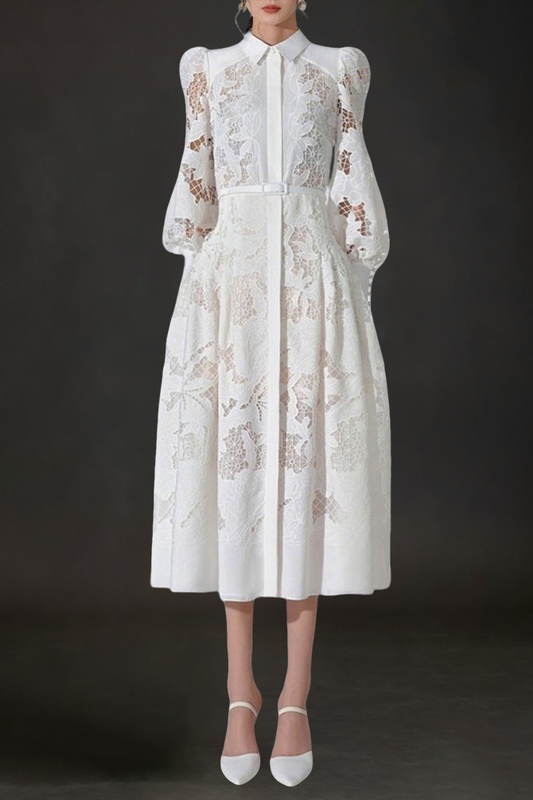 WHITE LACE EMBROIDERED FULL HEM MIDI DRESS