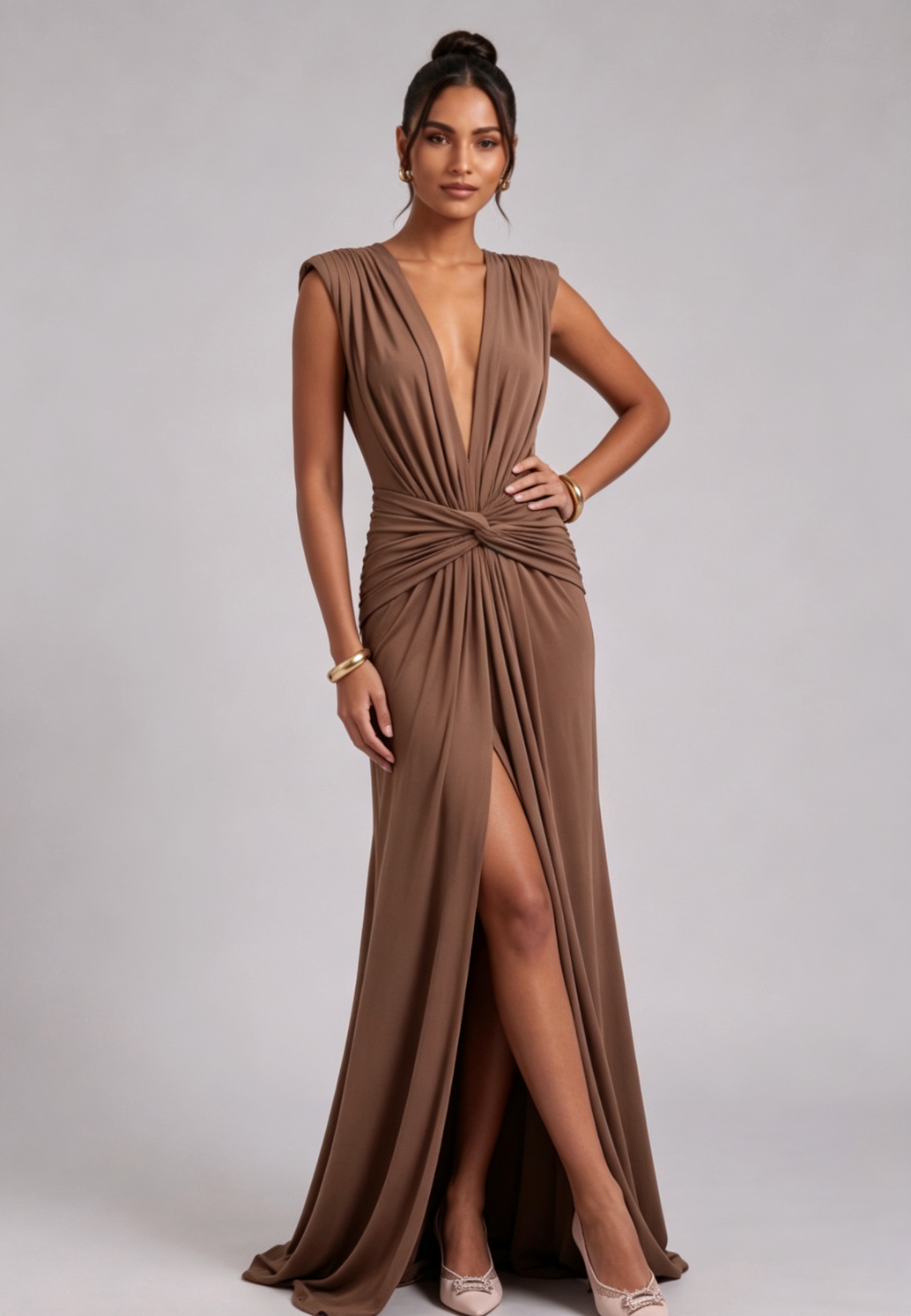Brown Jersey Column Gown with Twist Detail