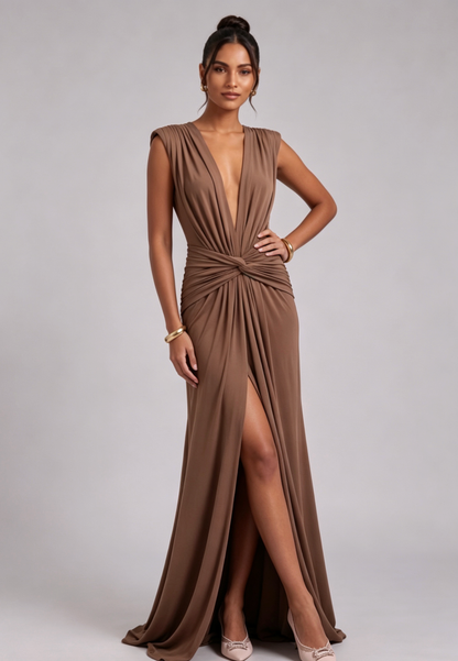 Brown Jersey Column Gown with Twist Detail