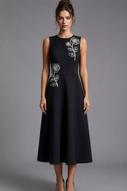 Black Structured Mid-Weight Woven A-Line Fit-and-Flare Midi Dress