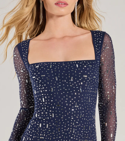 amanda navy Long Sleeve Rhinestone Mesh Mini Dress