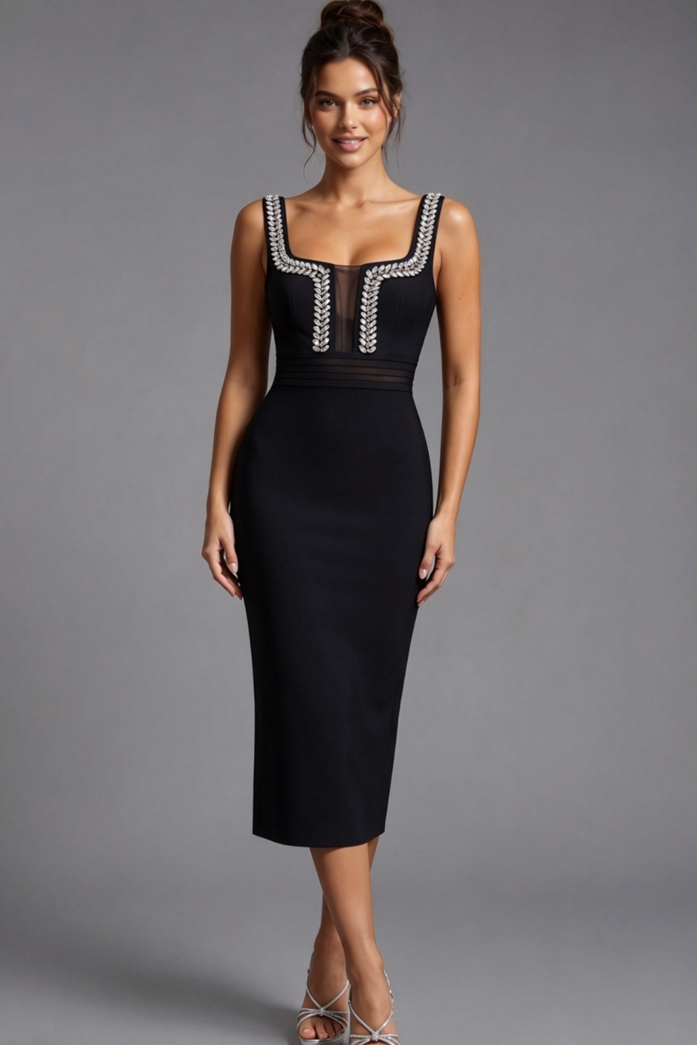 Black Structured Stretch Knit Sheath Midi Dress