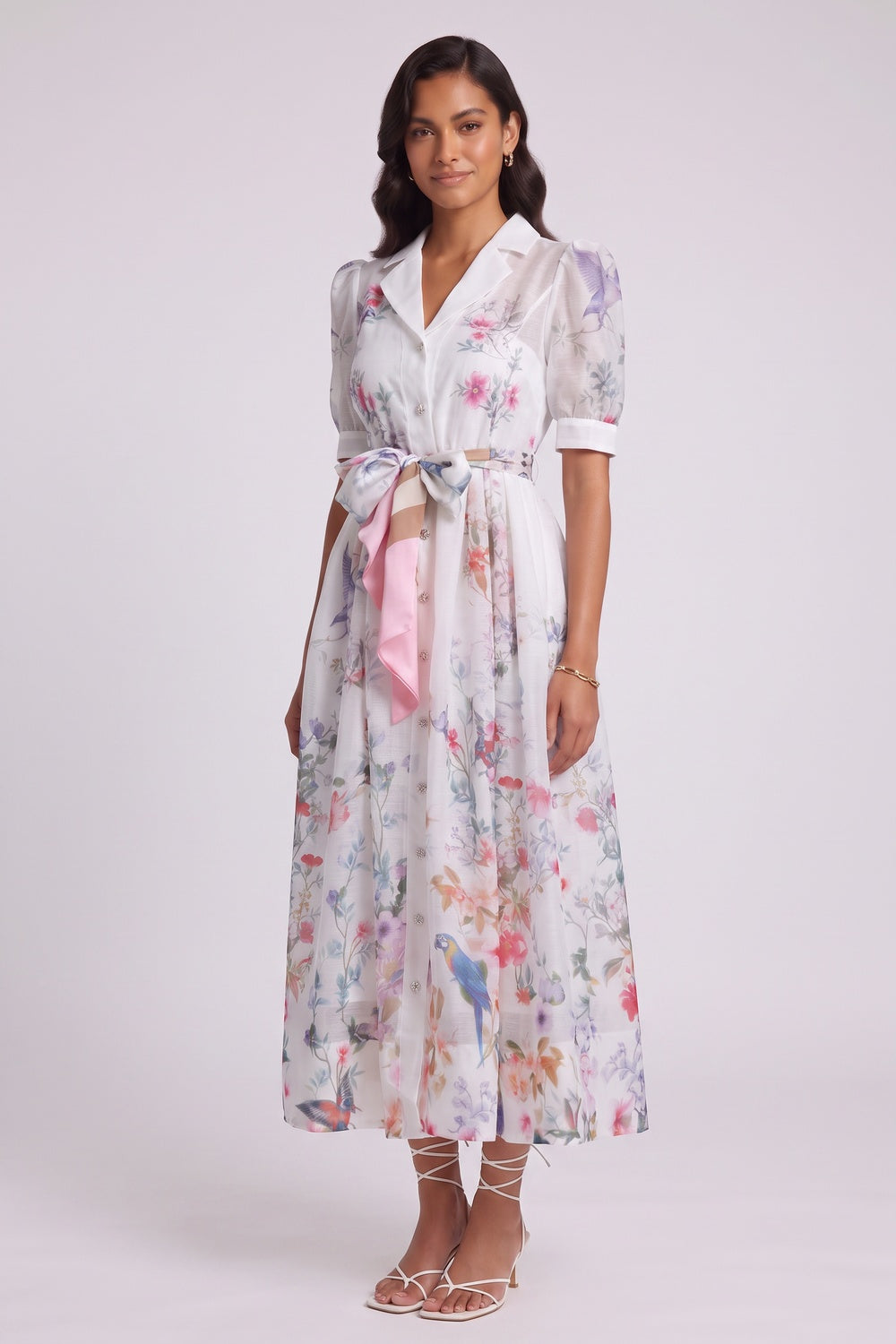 White Botanical and Faunal Print A-Line Midi Dress with Puff Sleeves white semi-sheer lightweight woven organza or ramie dress - product view 3