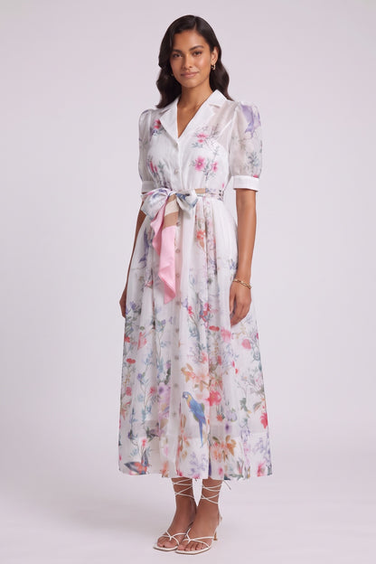 White Botanical and Faunal Print A-Line Midi Dress with Puff Sleeves white semi-sheer lightweight woven organza or ramie dress - product view 3