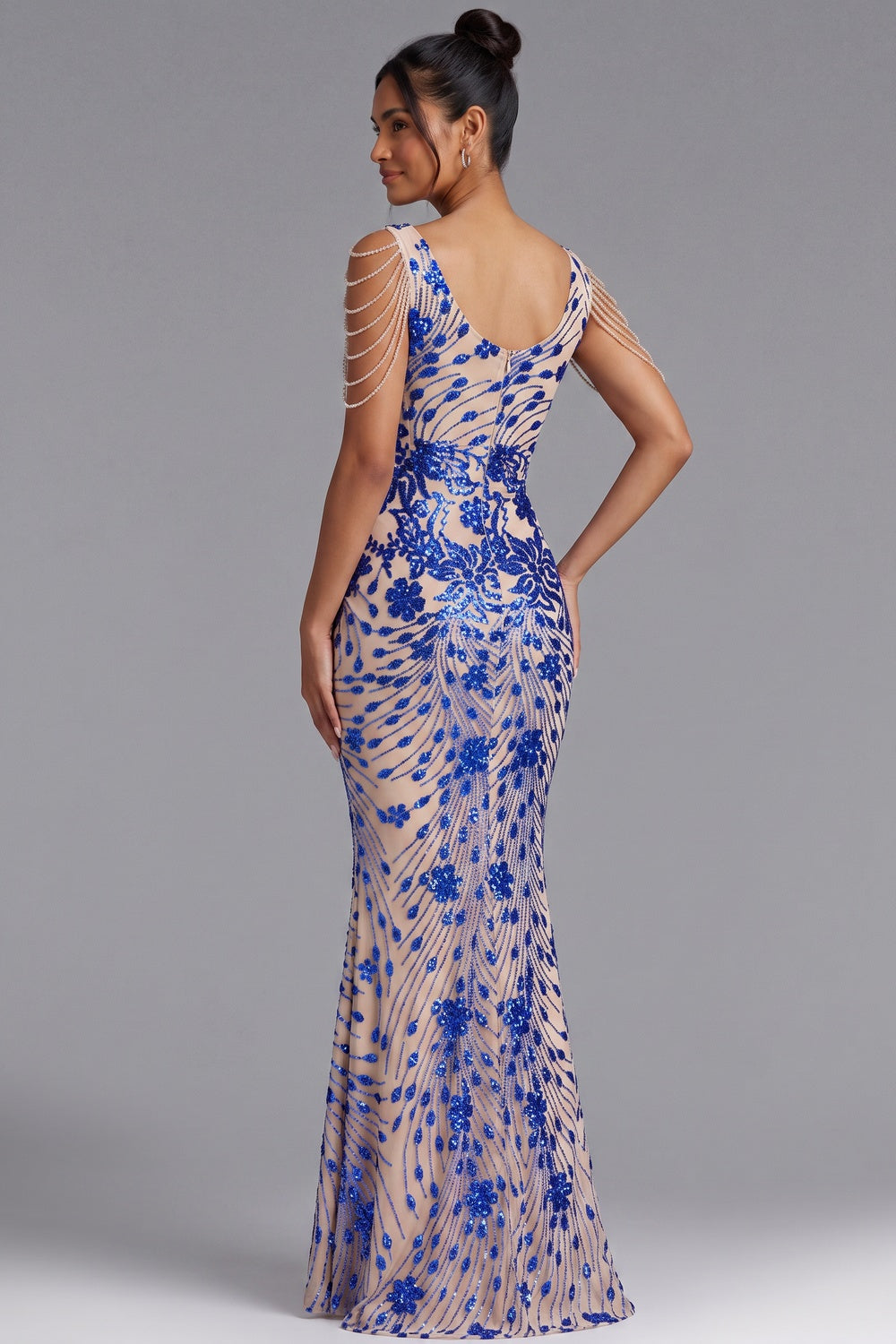 Royal Blue Sequin Embroidered Floor-Length Gown Premium Fabric - product view 5