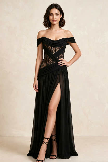 Black Chiffon Fitted Bodice A-Line Gown with High Slit