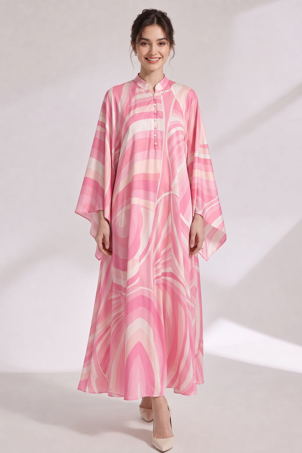 Pink Silk Satin Psychedelic Swirl Kaftan Dress pink, light pink silk satin kaftan dress - product view 1