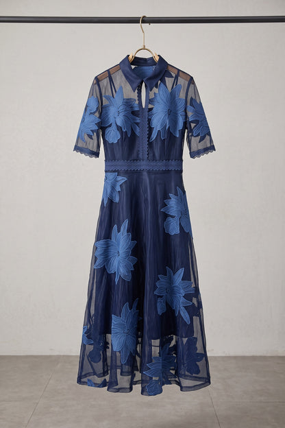 Navy Blue Sheer Organza A-Line Midi Dress with Floral Embroidery