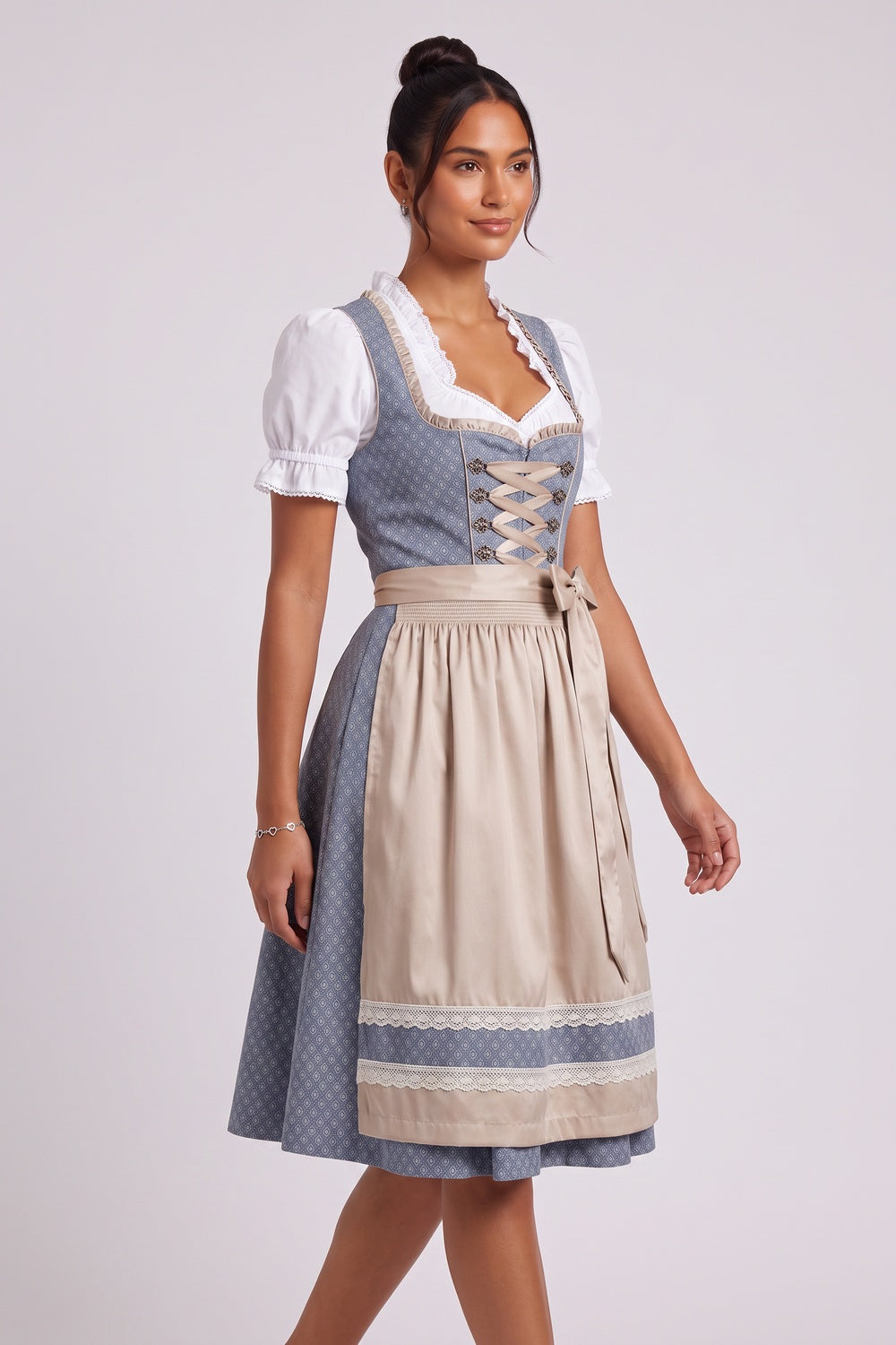 dusty blue woven jacquard fit-and-flare dirndl dress set dusty blue, champagne beige, white woven jacquard dirndl dress set - product view 4