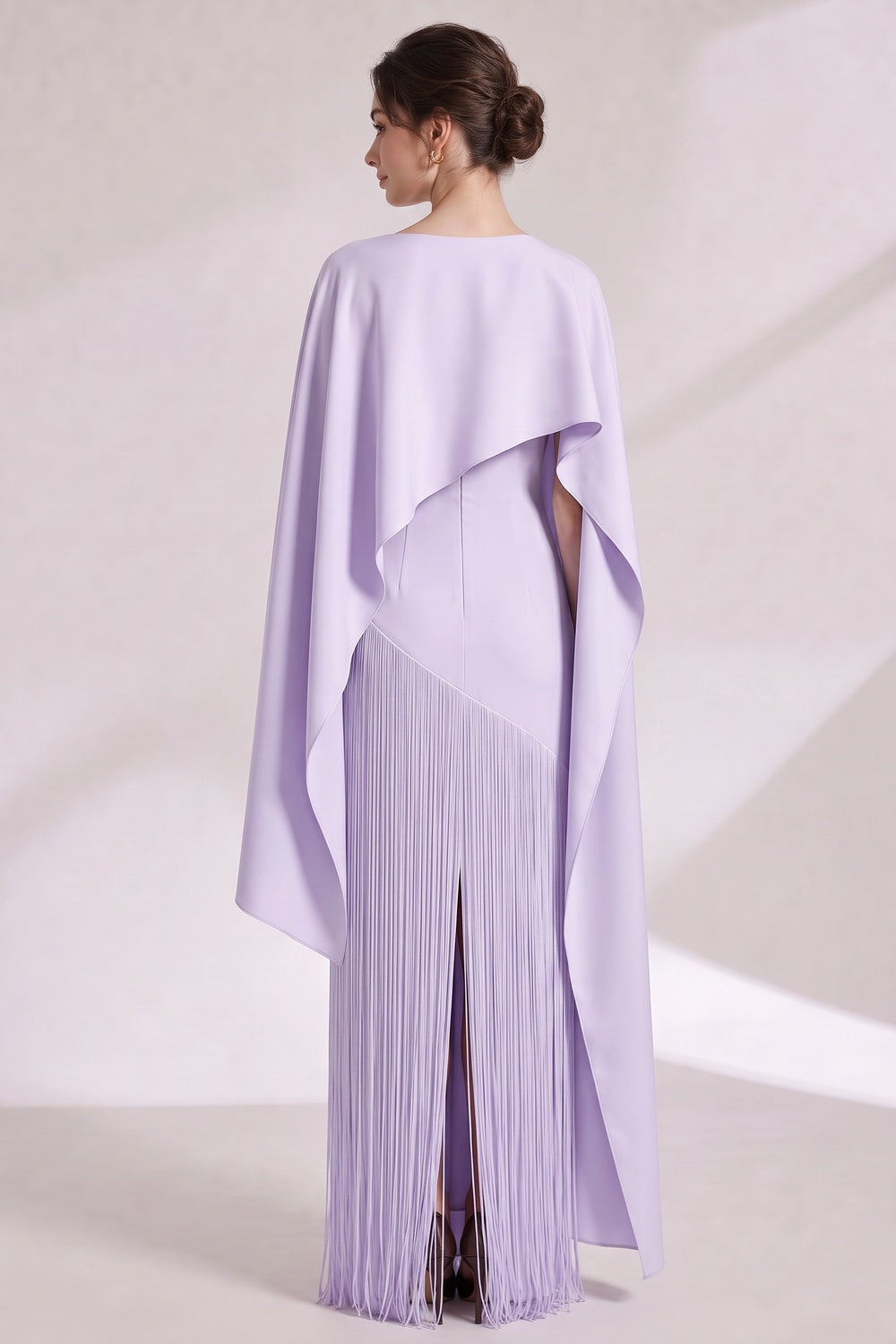 Lavender Structured Crepe Column Evening Gown with Asymmetrical Cape Overlay Lavender Structured crepe Evening gown - product view 5