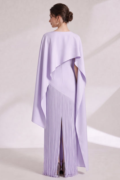 Lavender Structured Crepe Column Evening Gown with Asymmetrical Cape Overlay Lavender Structured crepe Evening gown - product view 5