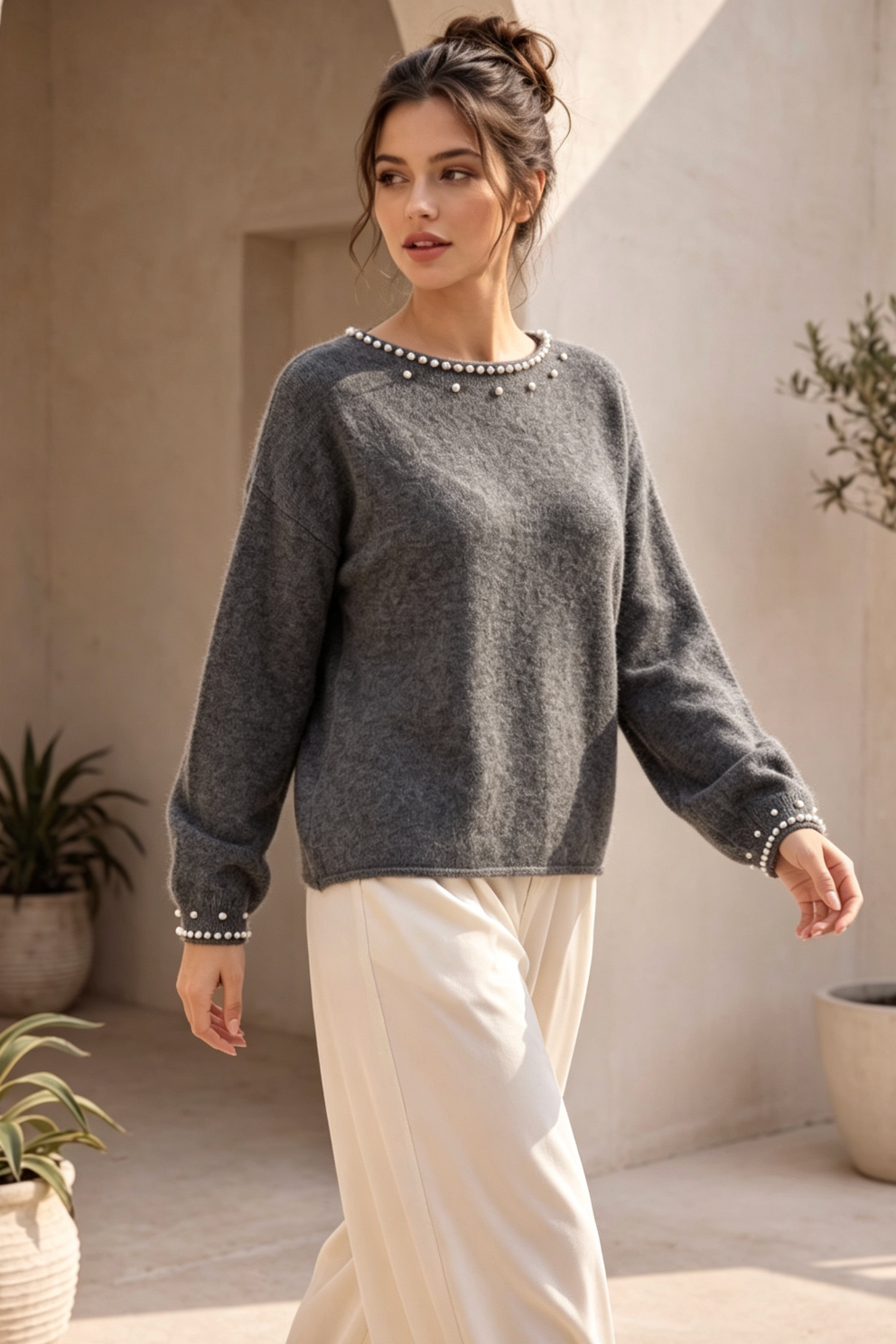 Charcoal Grey Fine-Knit Sweater with Pearl Bead Trim