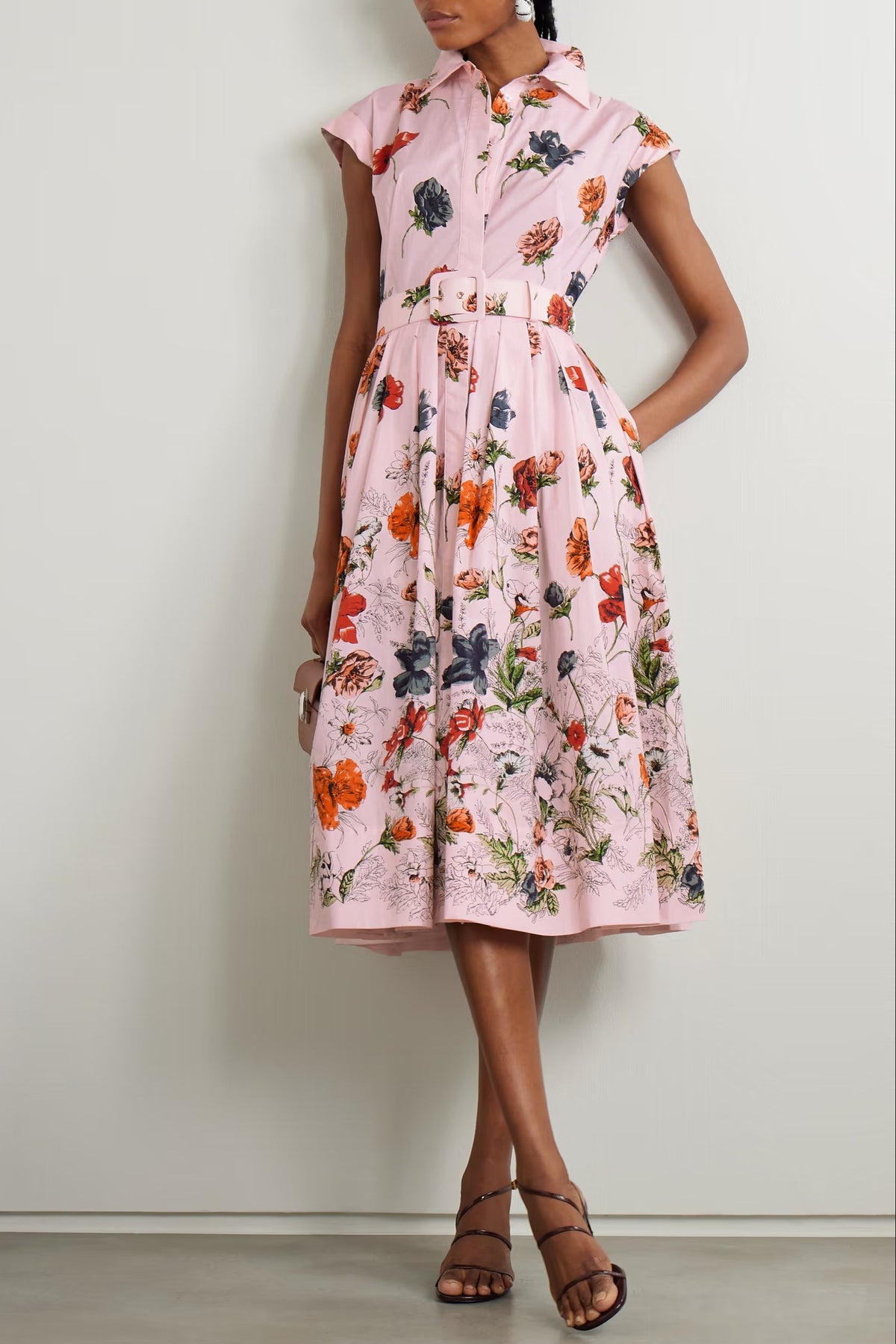 belted pleated floral-print cotton-poplin midi shirt dress - pink
