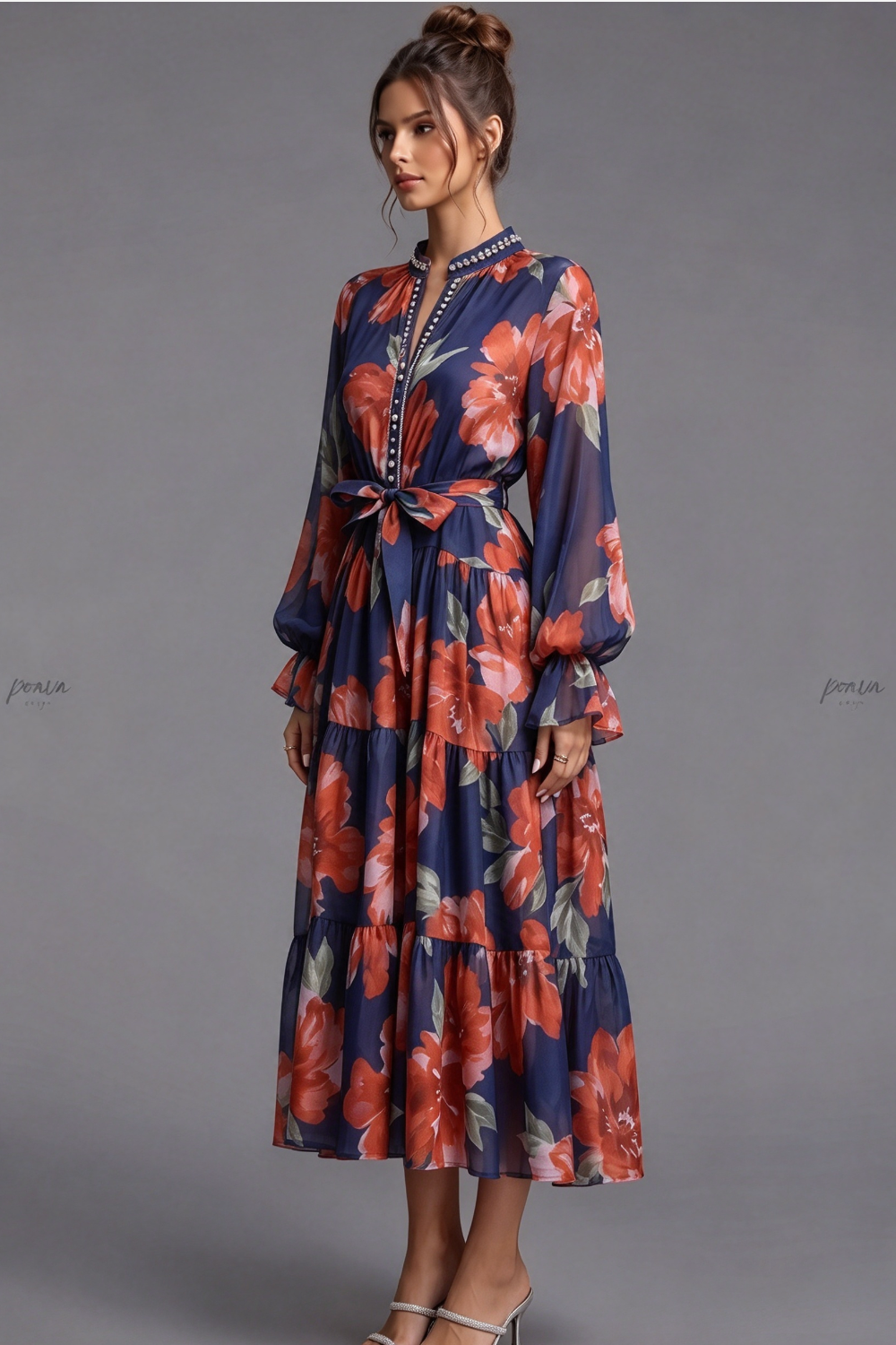 Navy Blue Tiered Chiffon Maxi Dress with Floral Print