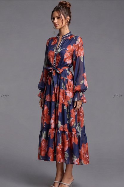 Navy Blue Tiered Chiffon Maxi Dress with Floral Print