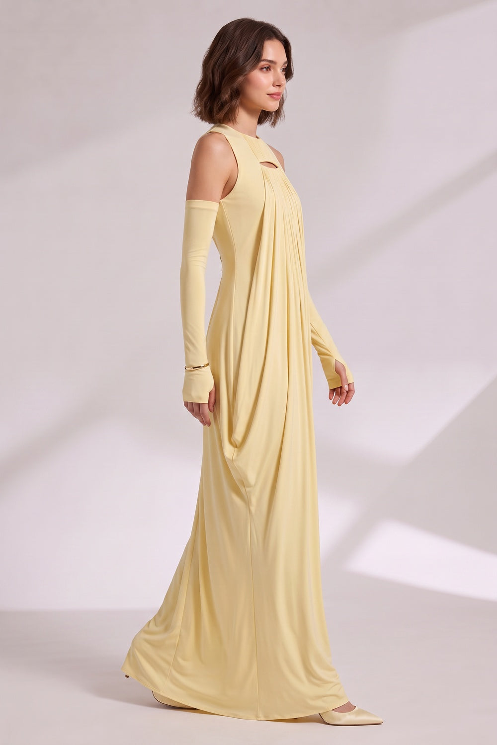 Pale Yellow Keyhole Neckline Maxi Dress Premium Fabric - product view 5