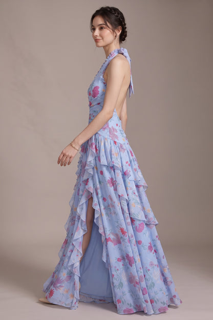 light blue chiffon fit-and-flare gown light blue chiffon gown - product view 4
