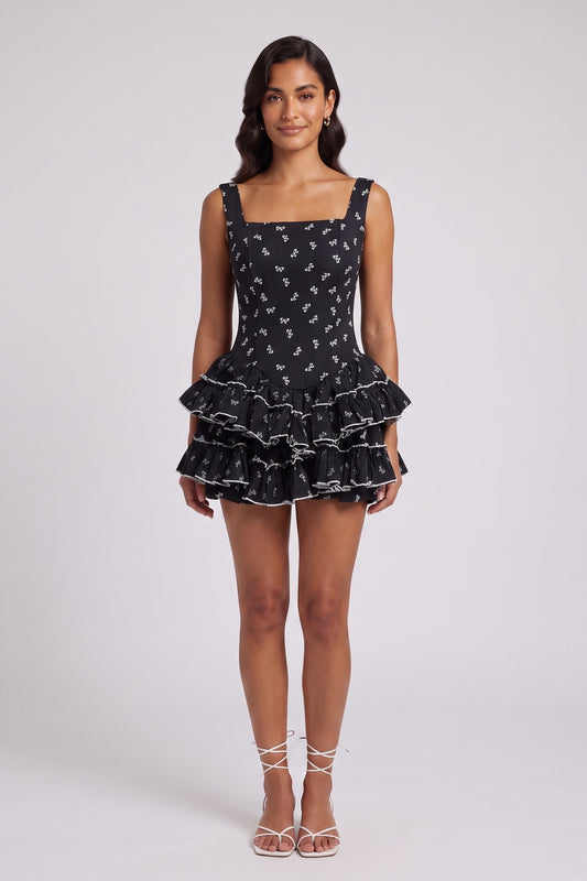 Black Cotton-Blend Fit-and-Flare Mini Dress with Ruffled Skirt black cotton-blend woven dress - product view 1