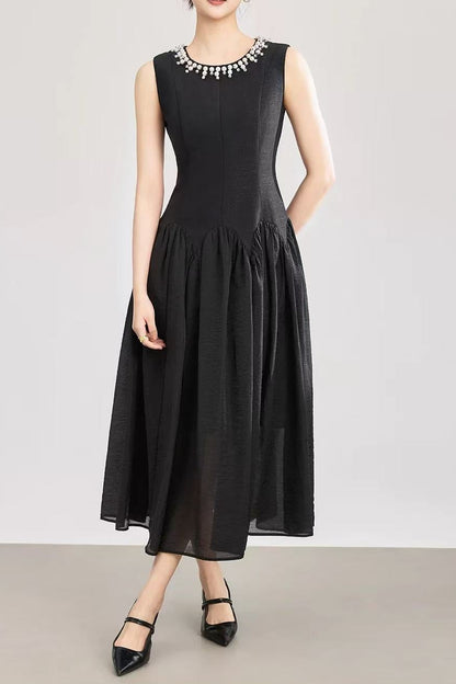 Sleeveless Midi Dress with Tulle Skirt and Pearl Embellished Collar - Black