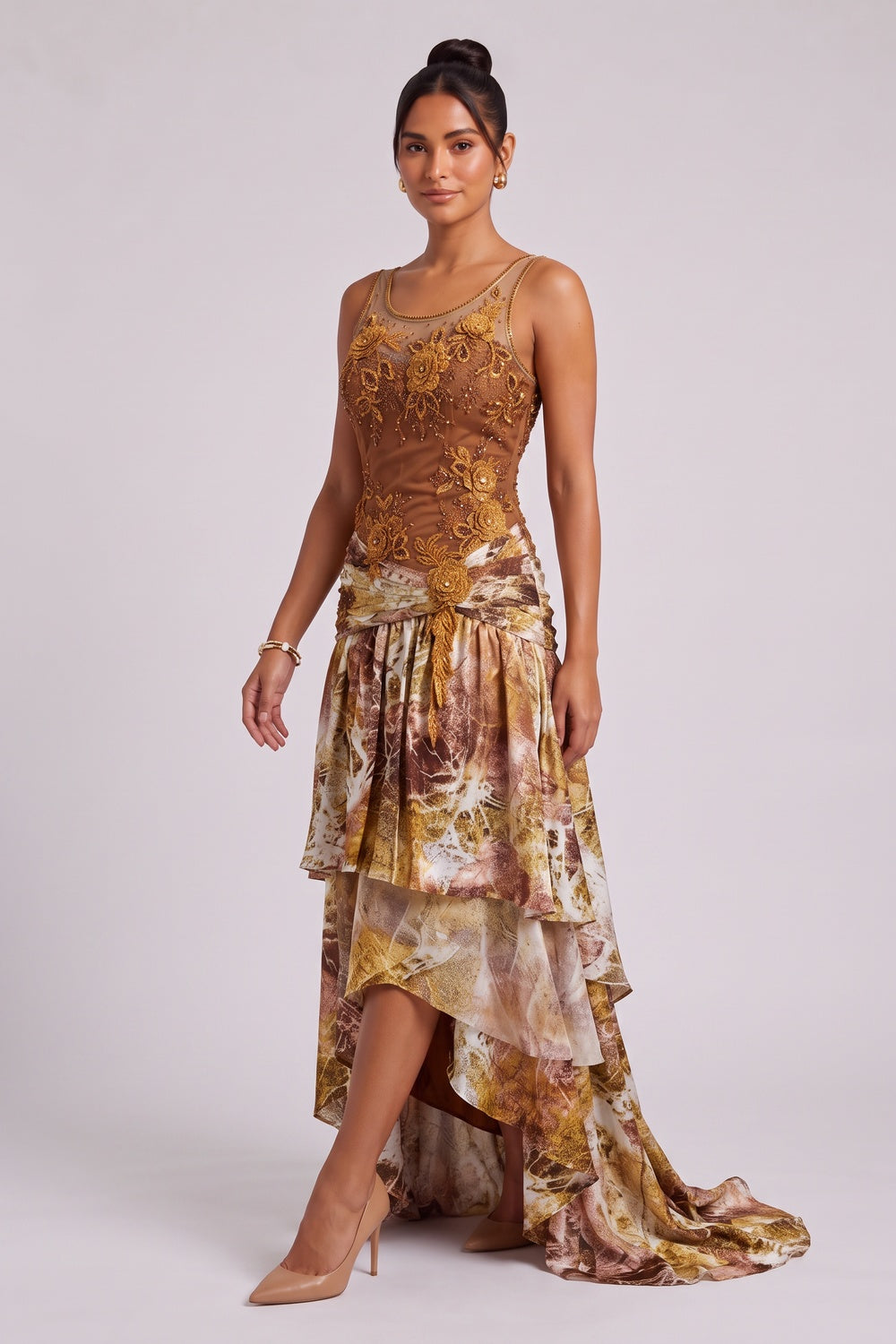 Brown Silk Blend Asymmetric Tiered Gown Dress brown, gold, ochre silk blend dress - product view 4