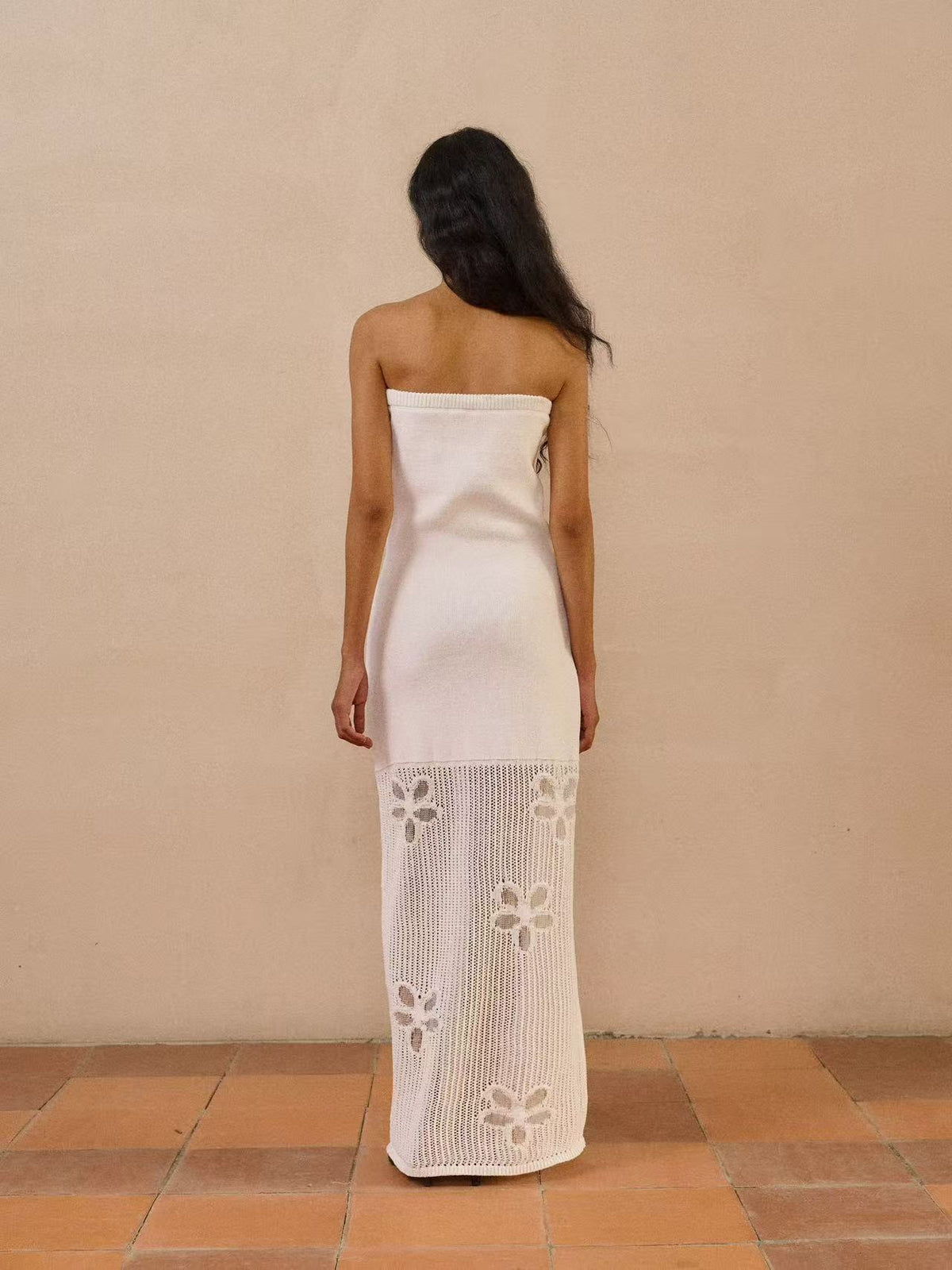 White Strapless Knit Maxi Dress with Butterfly Crochet Hem