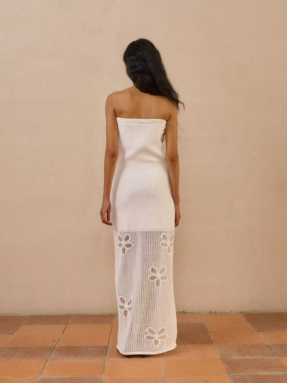White Strapless Knit Maxi Dress with Butterfly Crochet Hem