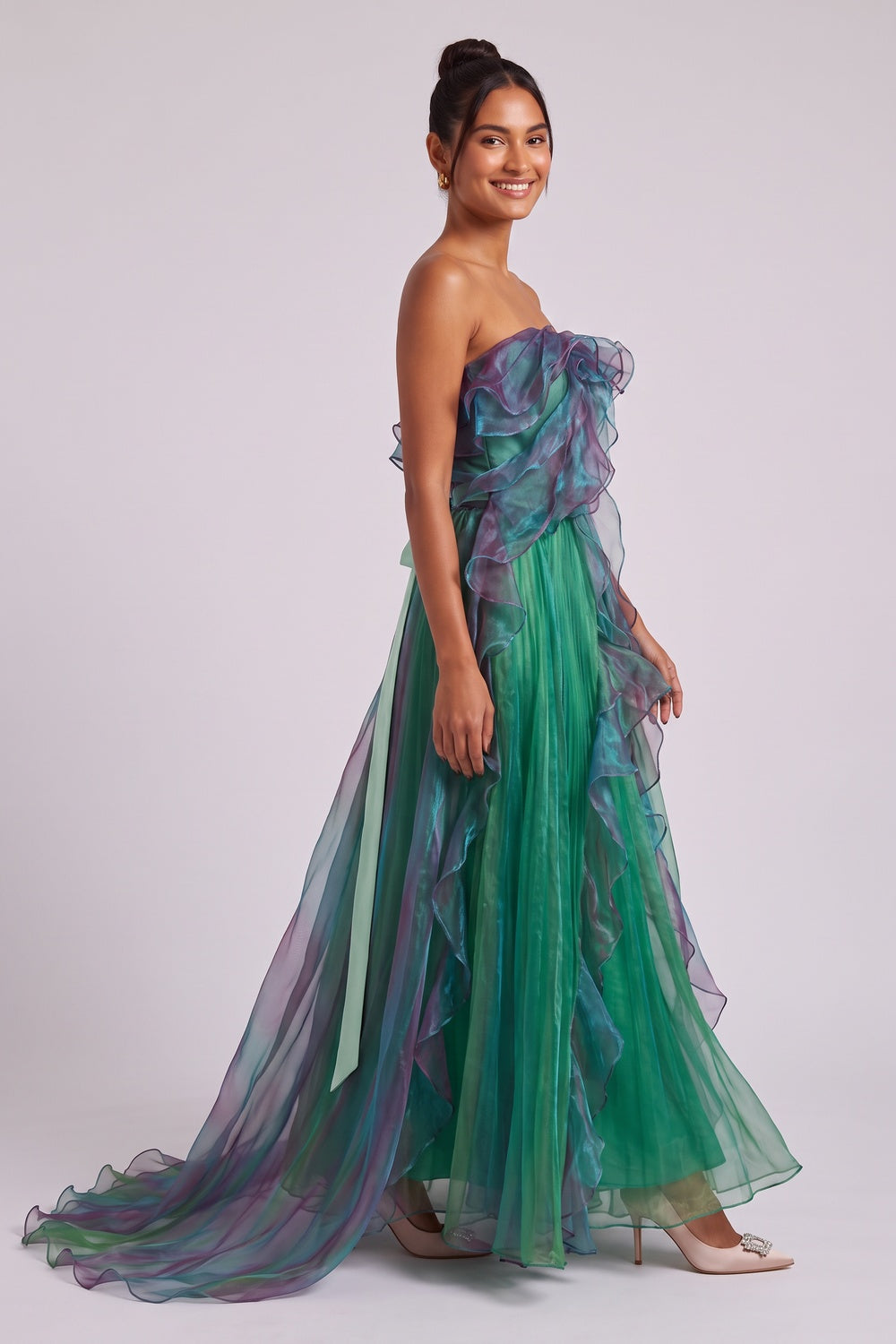 Emerald Green Sheer Organza A-Line Gown with Iridescent Ruffles emerald green, forest green sheer organza gown - product view 3