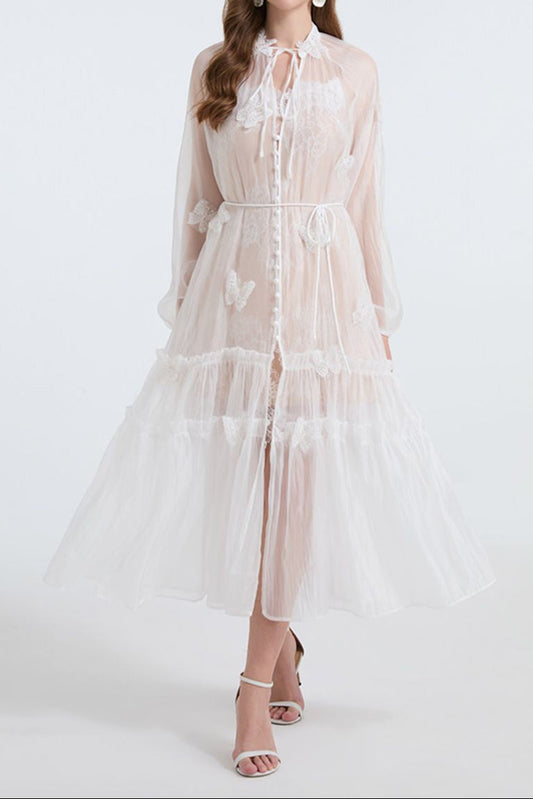 See-through blouse maxi dress with lace skirt in white
