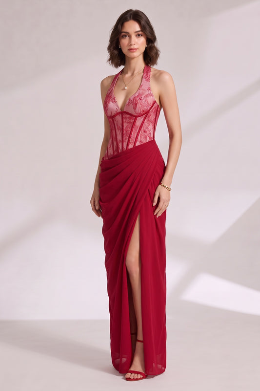 crimson red chiffon sheath with draped skirt gown crimson red chiffon gown - product view 2