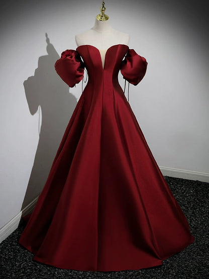 A-Line Puff Sleeves Satin Burgundy Dress