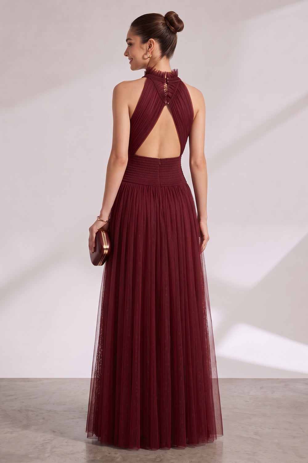 Burgundy Halter Neck Pleated Maxi Dress Premium Fabric - product view 5