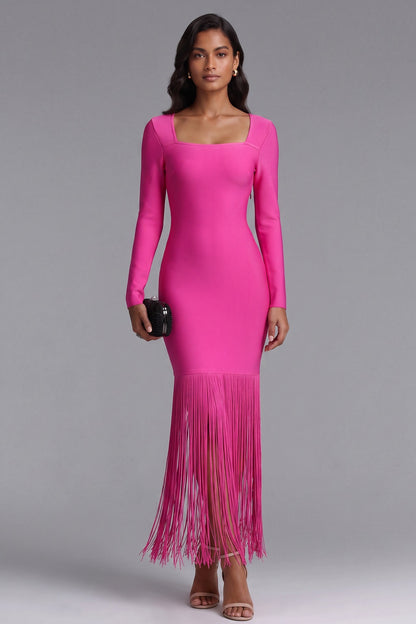 Pink Long Sleeve Fringe Midi Dress Premium Fabric - product view 4