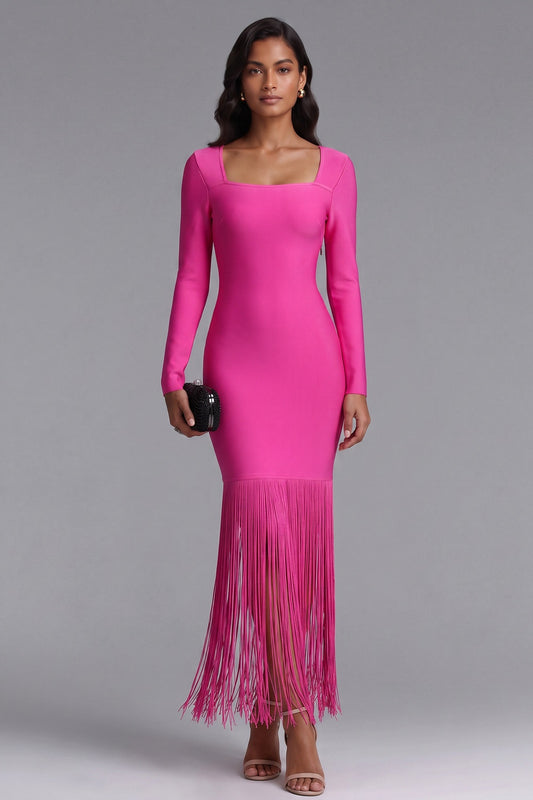 Pink Long Sleeve Fringe Midi Dress Premium Fabric - product view 4