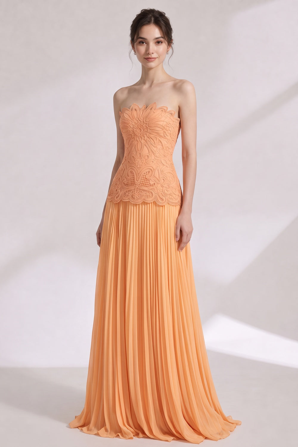 peach chiffon A-line with fitted drop-waist bodice gown peach chiffon gown - product view 1