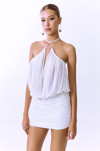 cheryl ruched halter bodycon mini dress in white
