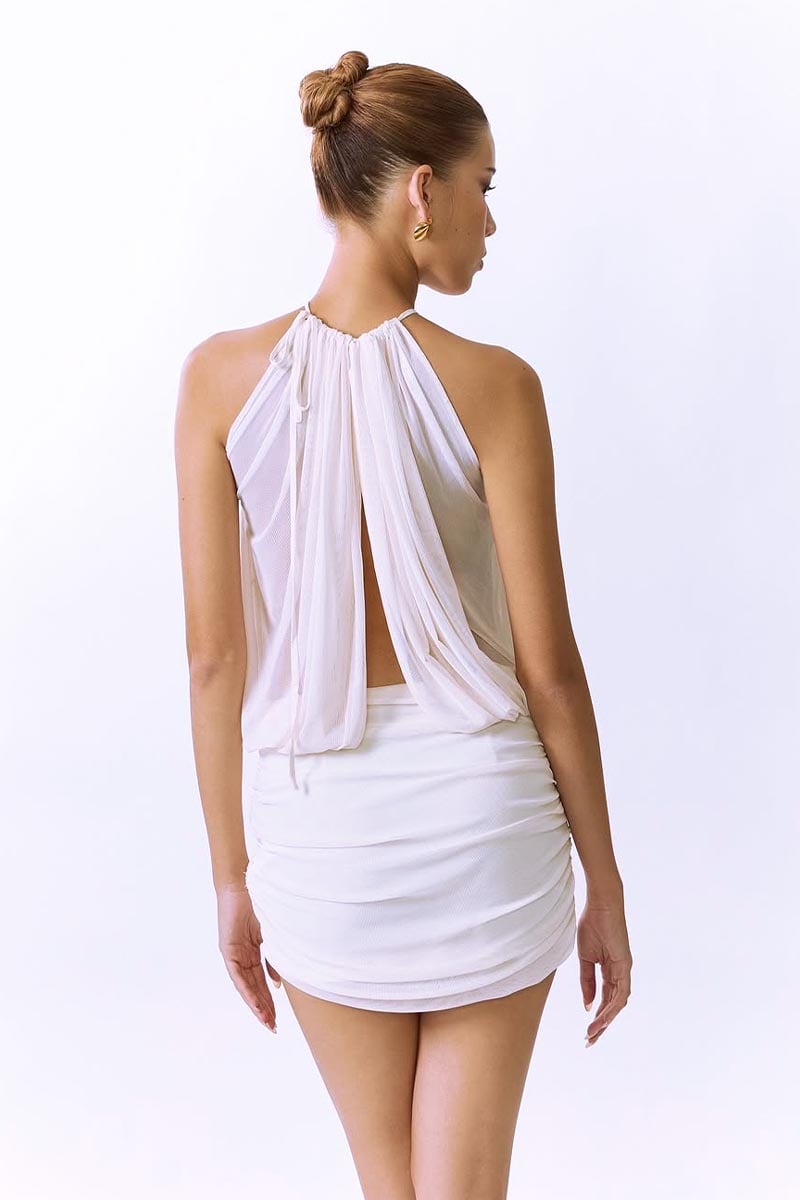 cheryl ruched halter bodycon mini dress in white